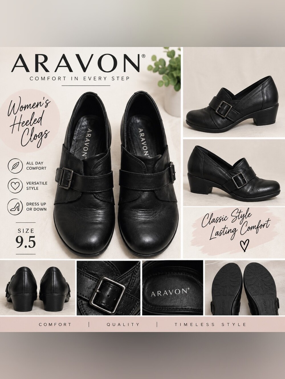 Aravon women's 9.5 black heel clog shoes #29